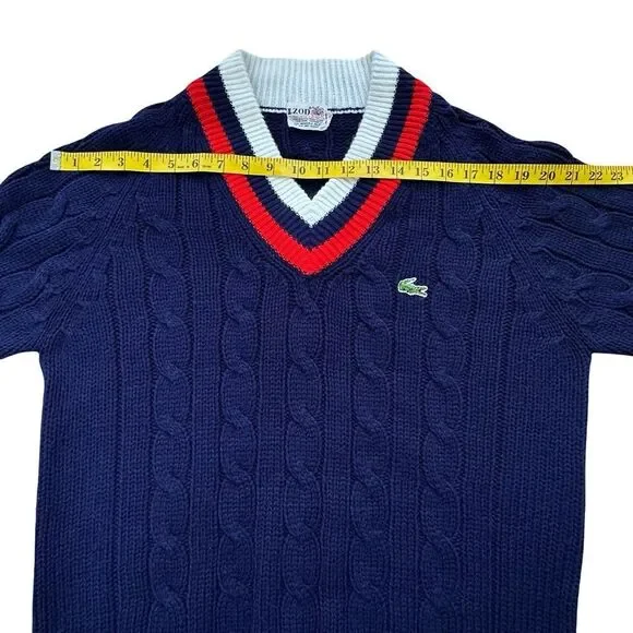 Vintage IZOD LACOSTE Cable Knit V-neck Sweater Blue with Red & White Size XL - Picture 8 of 12
